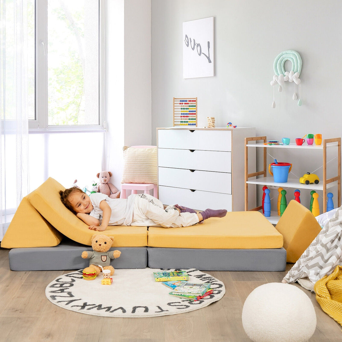 4 Pieces Convertible Kids Couch Set with 2 Folding Mats-Yellow