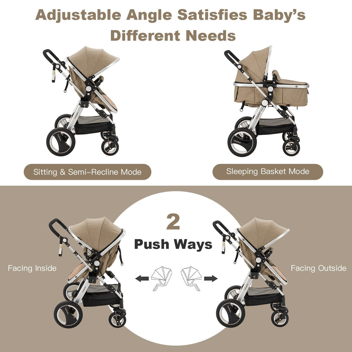 Folding Aluminum Baby Stroller Baby Jogger with Diaper Bag-Beige