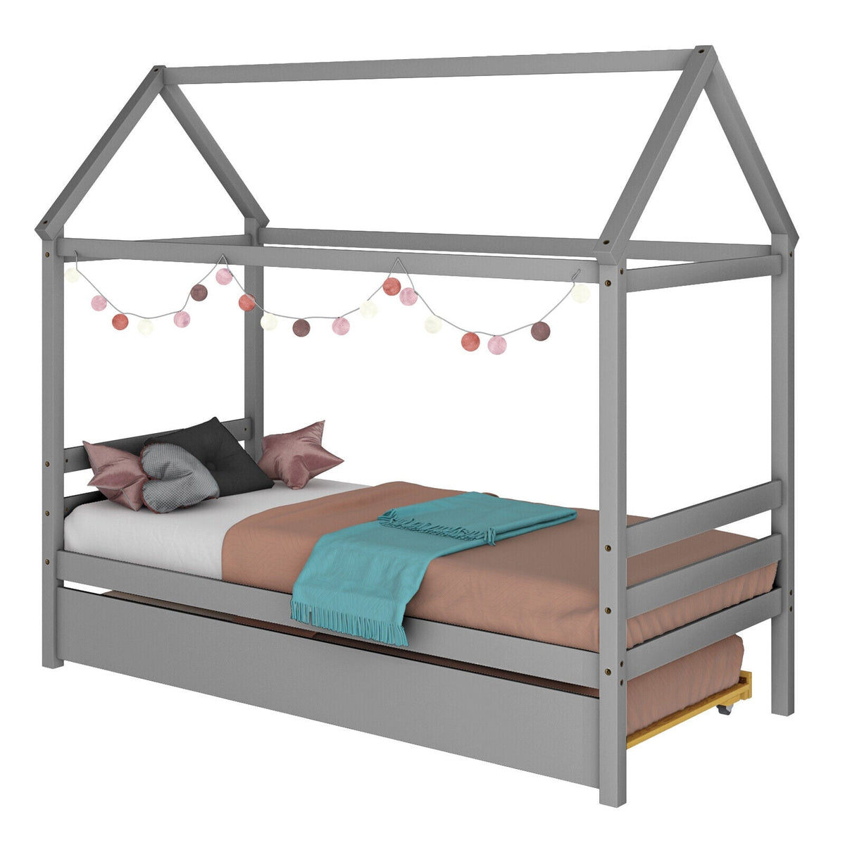 Kids Platform Bed Frame with Roof for Bedroom
