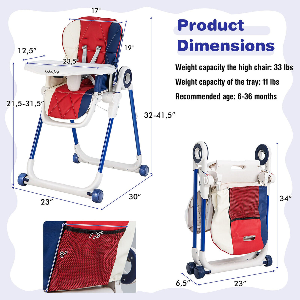 Baby High Chair Foldable Feeding Chair with 4 Lockable Wheels-Red