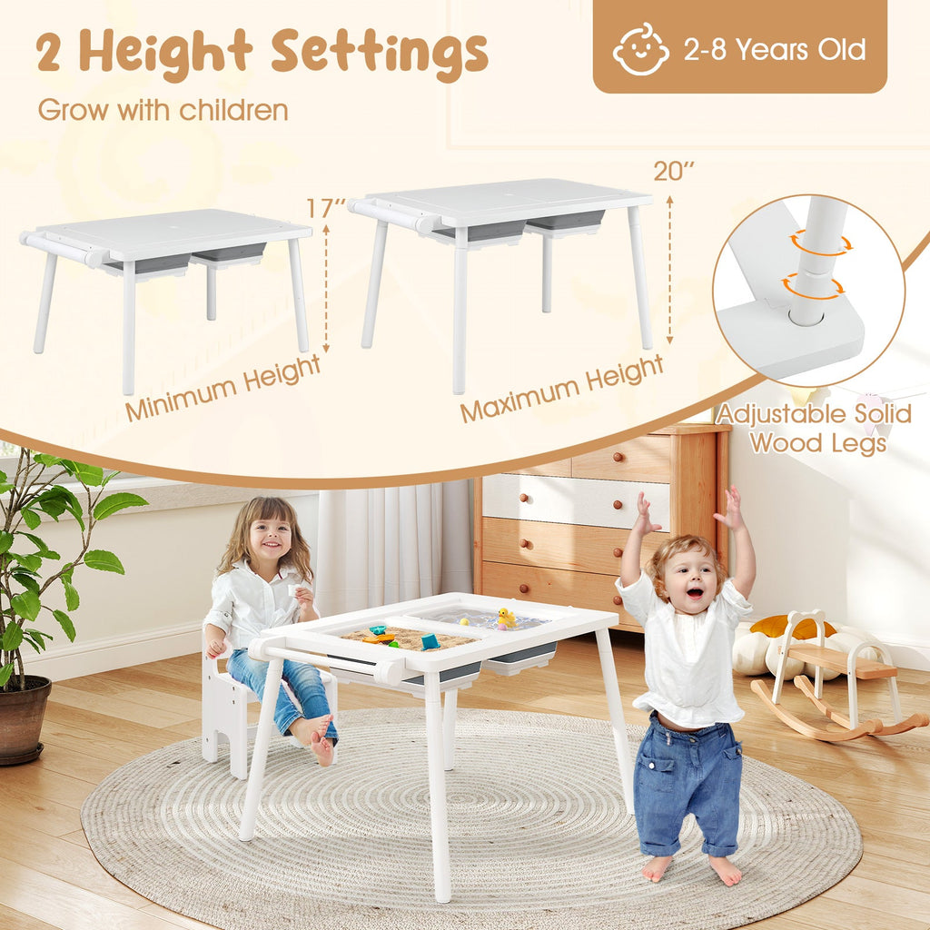Sensory Table and Chair Set for Kids 2-8 with Foldable Bins-White