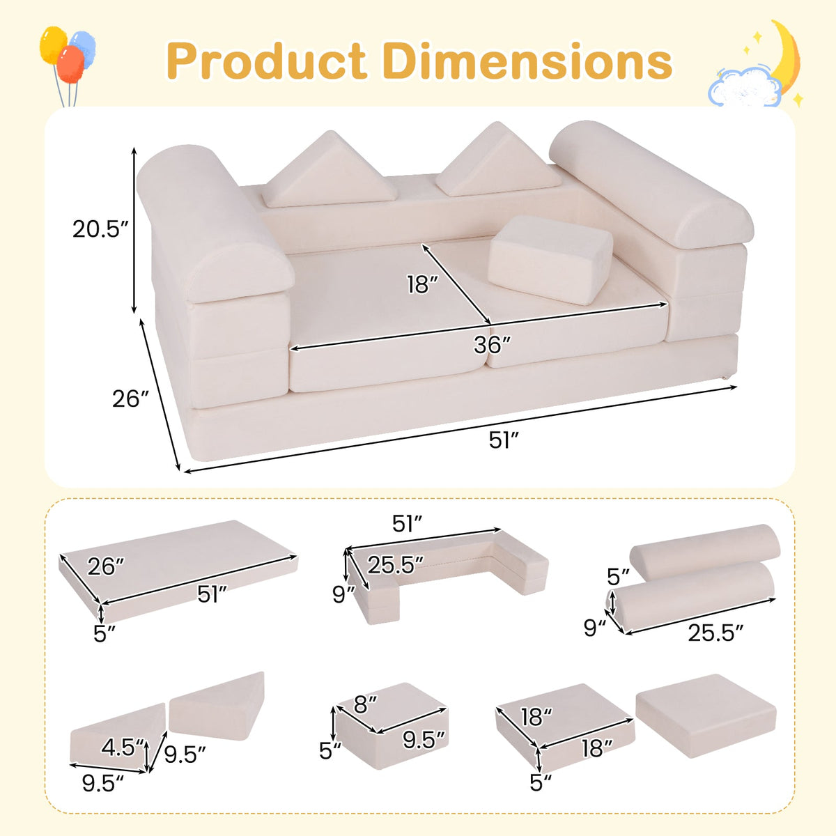 9-Piece Climb and Crawl Foam and Floor Playset with Breathable Suede Fabric-Beige
