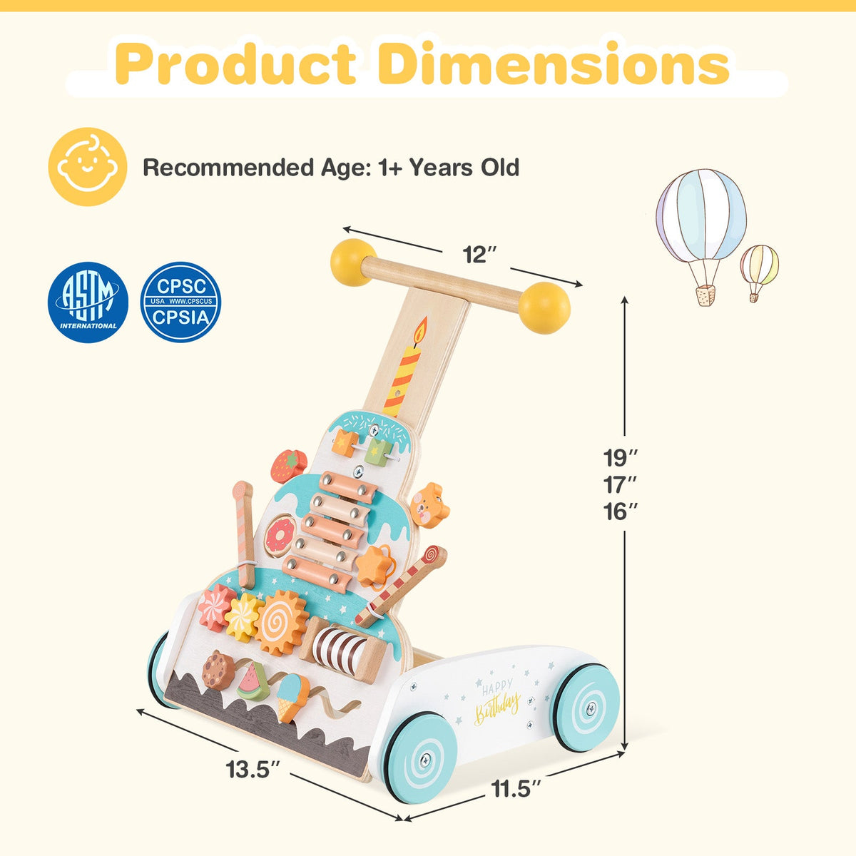 Wooden Baby Walker with Adjustable Heights and Smooth Wheels-White