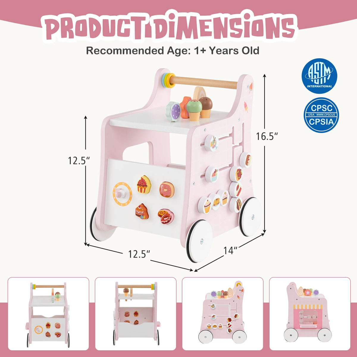2-in-1 Baby Walker with Storage and Ice Creams for 1+ Years Old-Pink