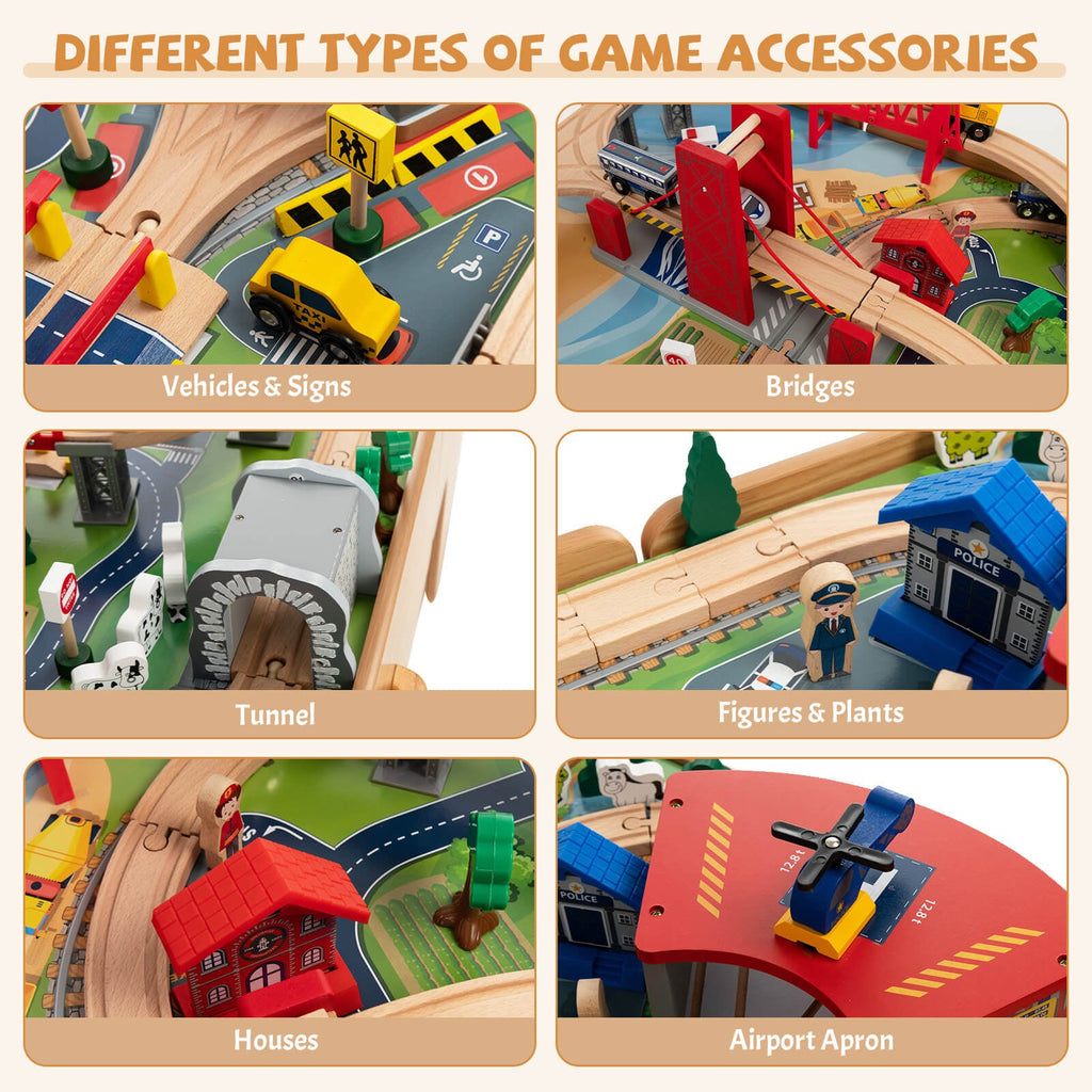 Kids Double-Sided Wooden Train Table Playset with Storage Drawer