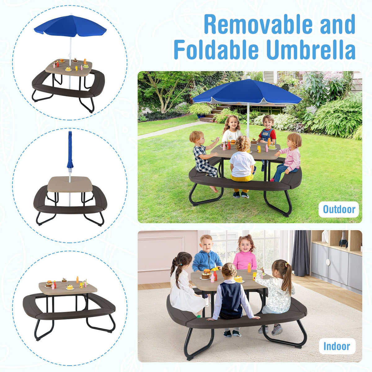 Toddler Outdoor Activity Table with Adjustable and Collapsible Umbrella-Brown