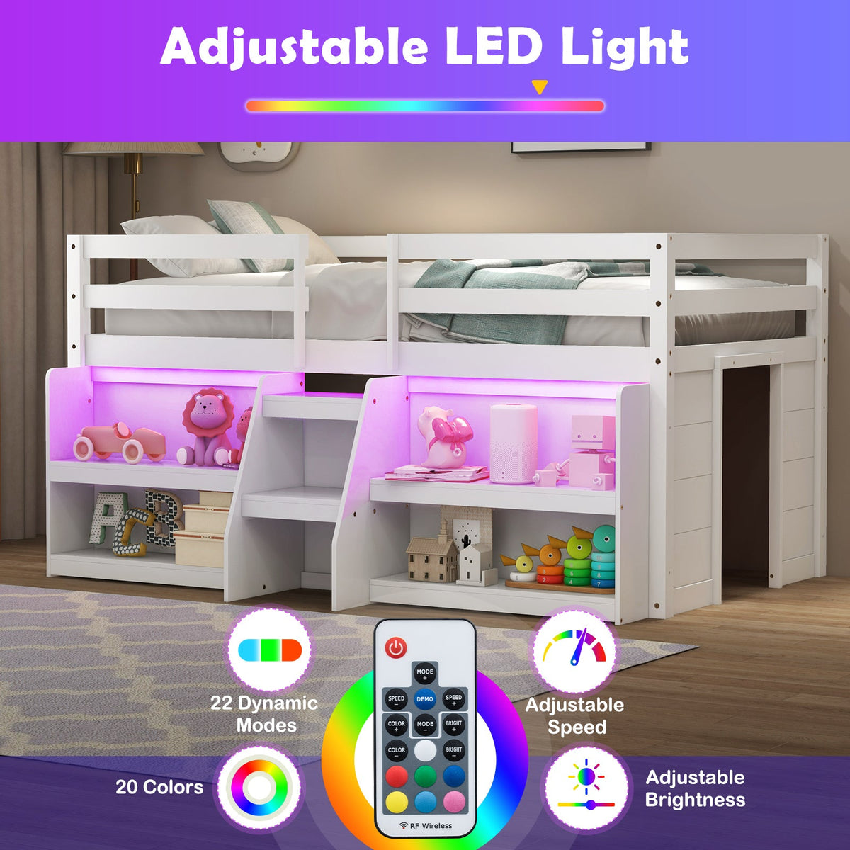 Twin Size Loft Bed with LED Lights with Staircase and Safety Guardrail-White