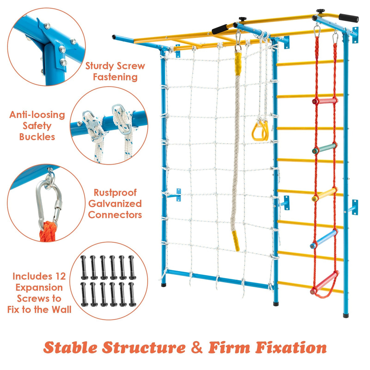 7-in-1 Swedish Ladder with Folding Gymnastics Mat for Solid Wall for Kids