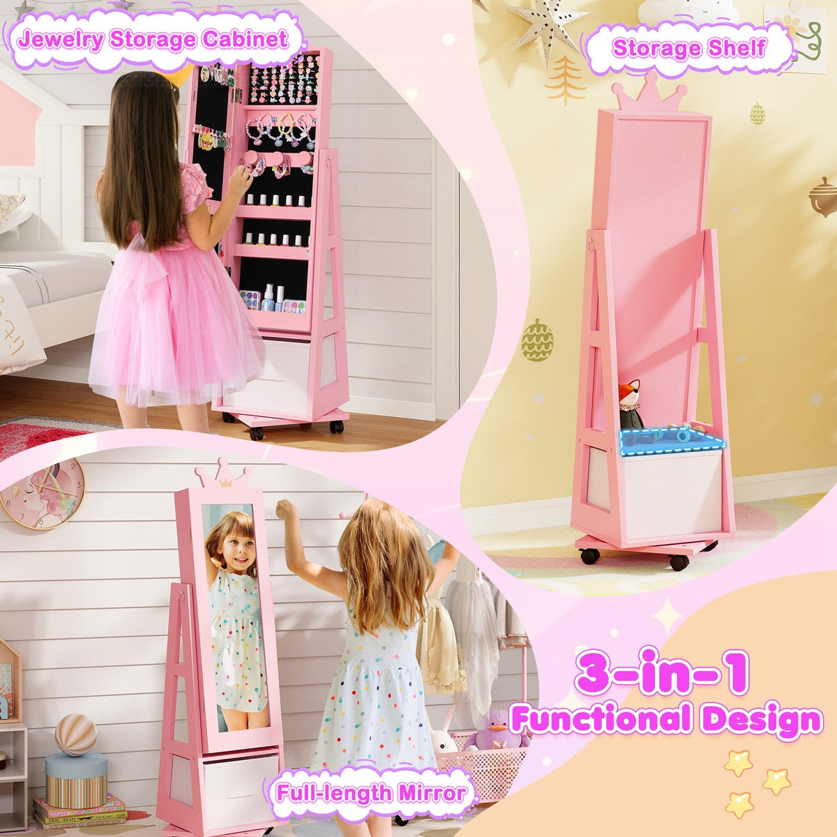 Kids Vanity Set + Kids Jewelry Armoire with Full-Length Mirror with Drawer