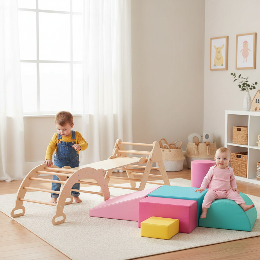 7-in-1 Pikler Triangle Set with 6-Piece Foam Blocks for Toddlers Indoor Playground