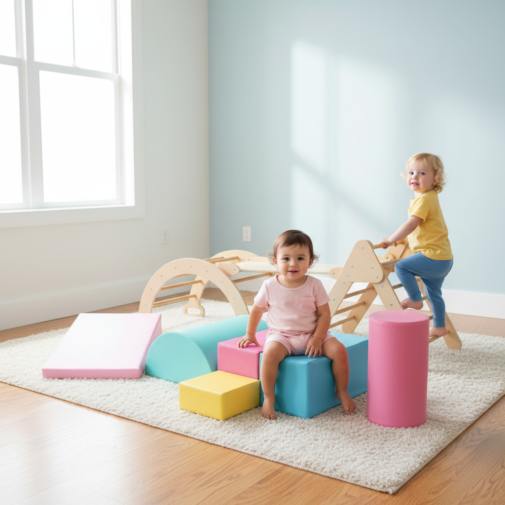 7-in-1 Pikler Triangle Set with 6-Piece Foam Blocks for Toddlers Indoor Playground
