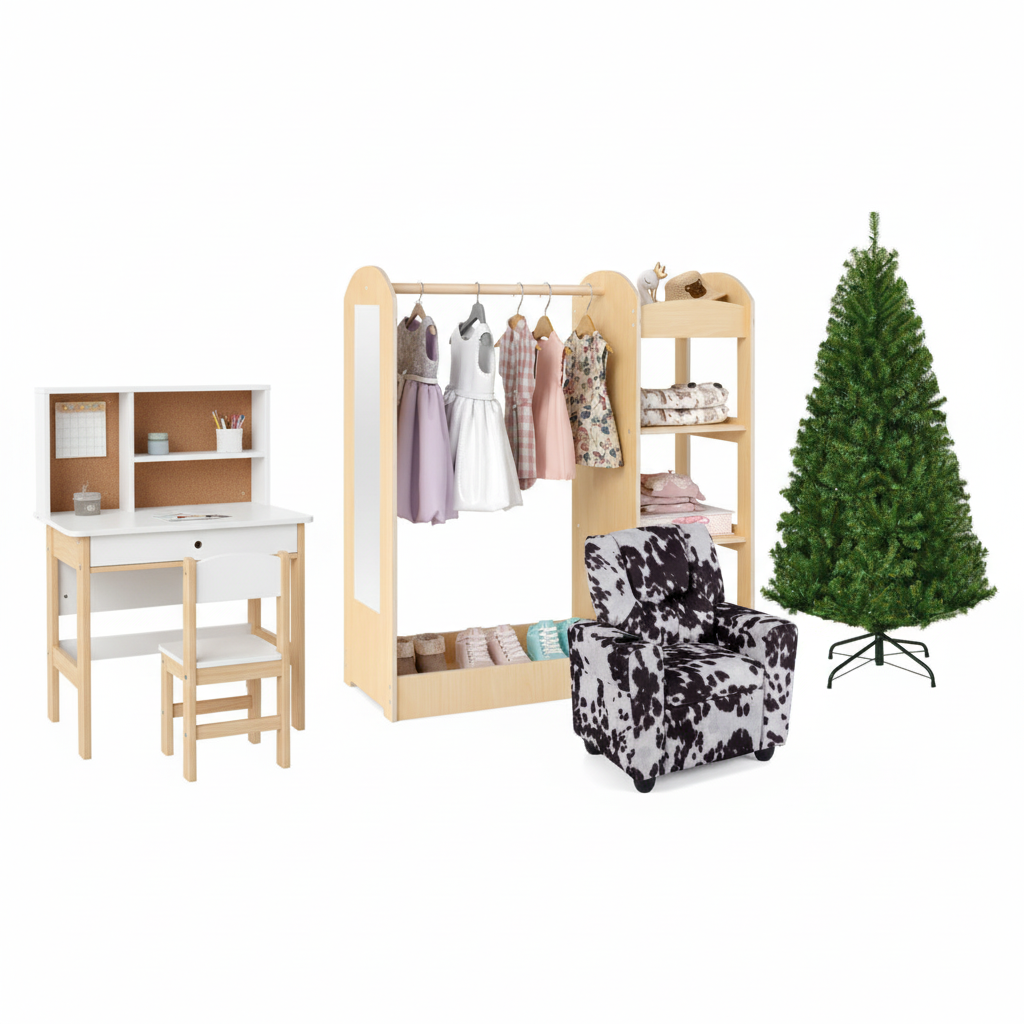 Kids Room Set: Recliner + Natural Study Desk & Chair + 4-ft Christmas Tree + Natural Dress-Up Storage