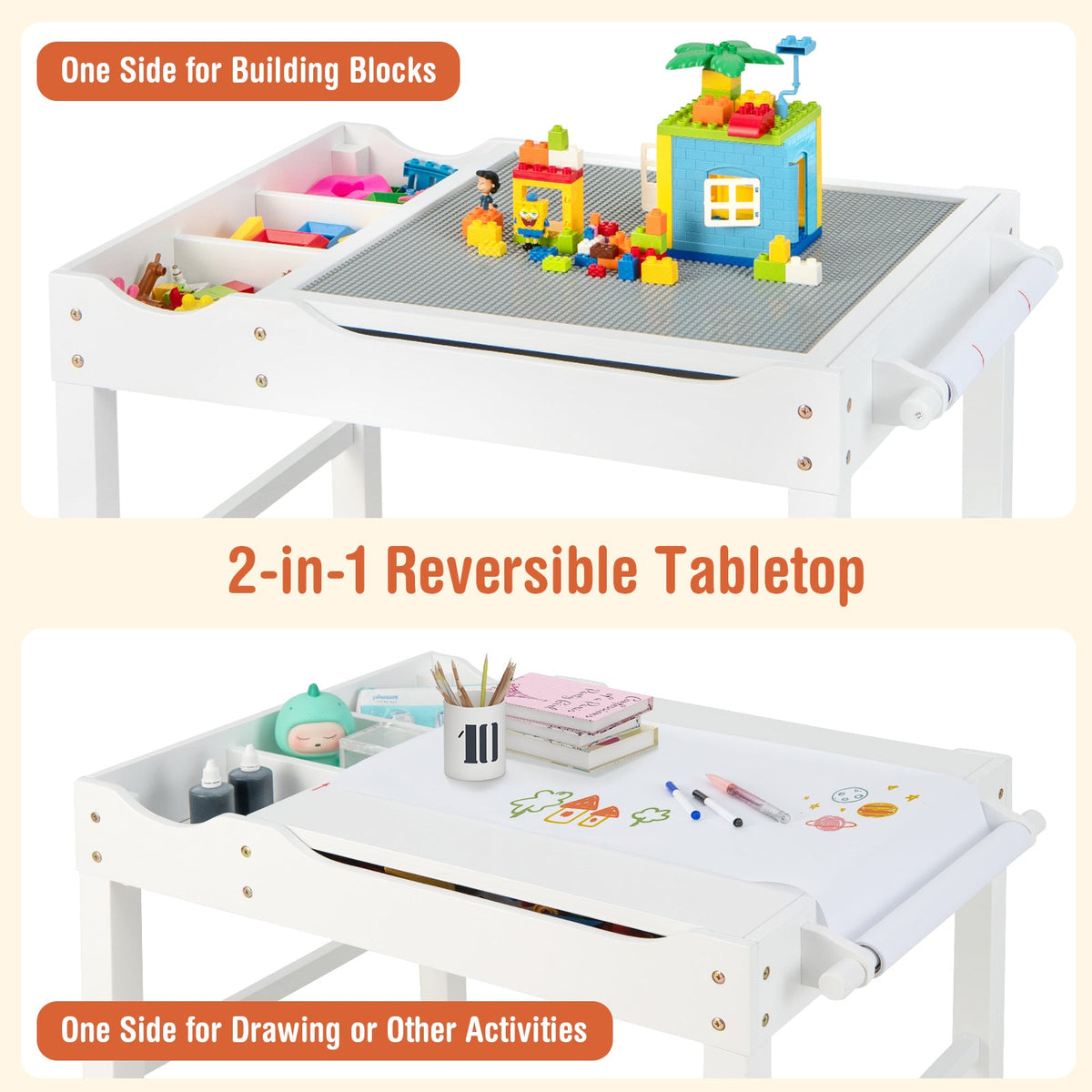 Wooden Kids Multi Activity Play Table with Storage Paper Roll-White