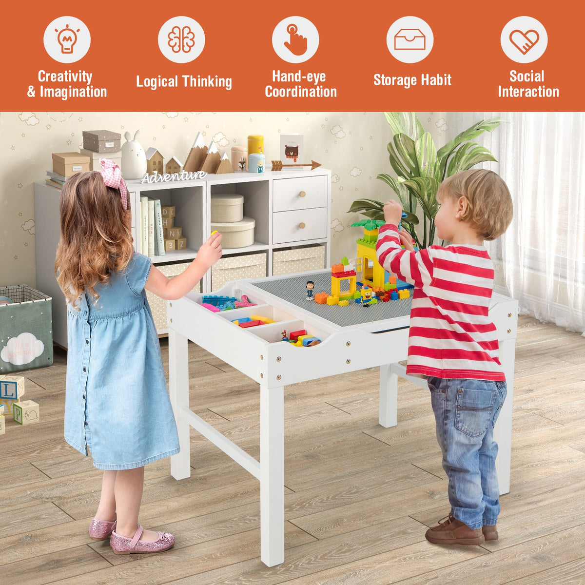 Wooden Kids Multi Activity Play Table with Storage Paper Roll-White