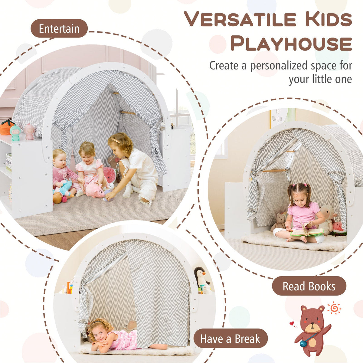 Wooden Kids Play Tent with Curtain Shades and 8 Cubbies-White