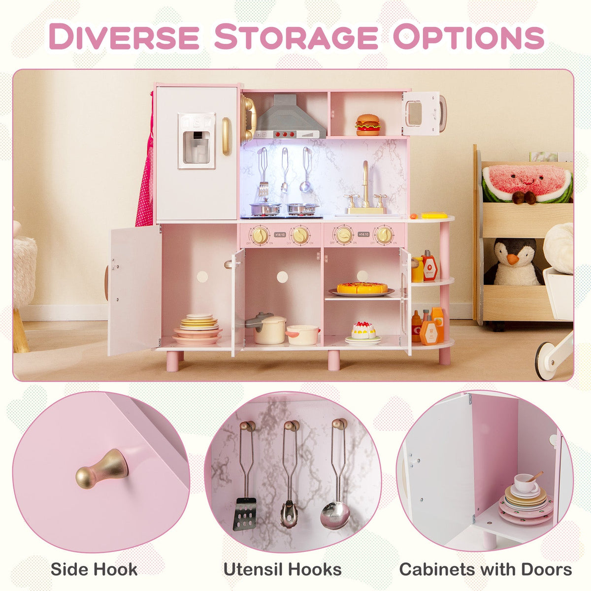 Wooden Kitchen Playset with Ice Maker and Sounds for Ages 3+-Pink