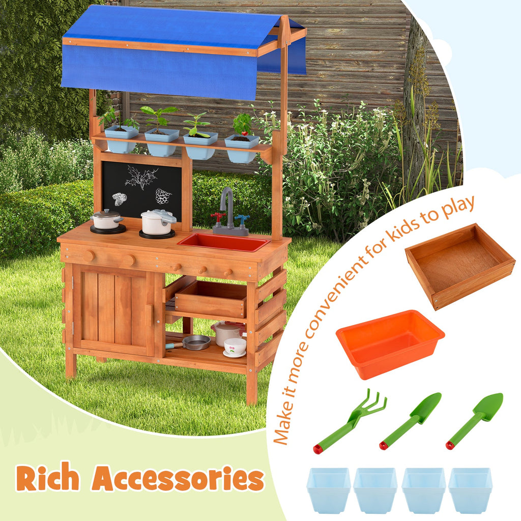 Wooden Pretend Play Kitchen with Height Adjustable Canopy for Kids-Natural
